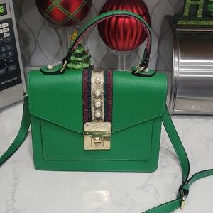 Green Crossbody Bag with Gold and Pearl Details With Glittery Accents